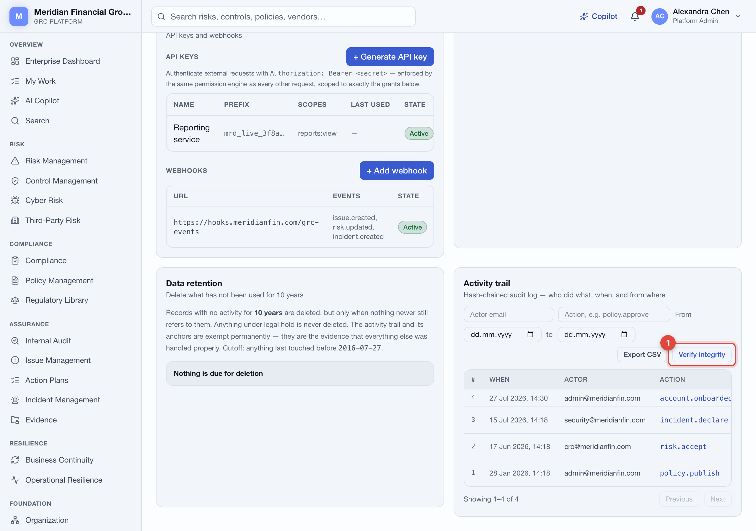 The administration page showing the data retention panel and the hash-chained activity trail with a verify integrity button.