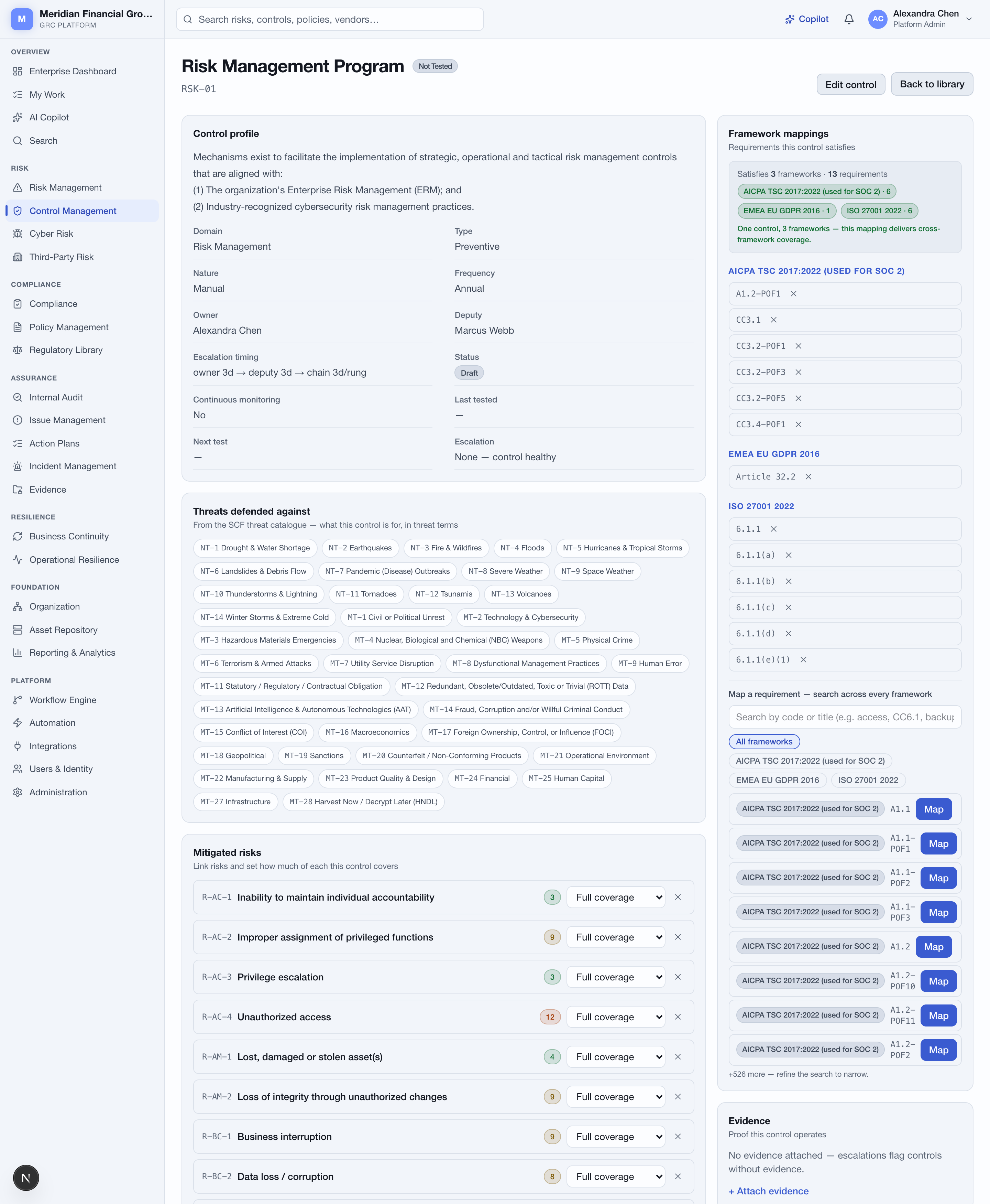 A control detail page showing mitigated risks with coverage, and framework mappings across three frameworks.