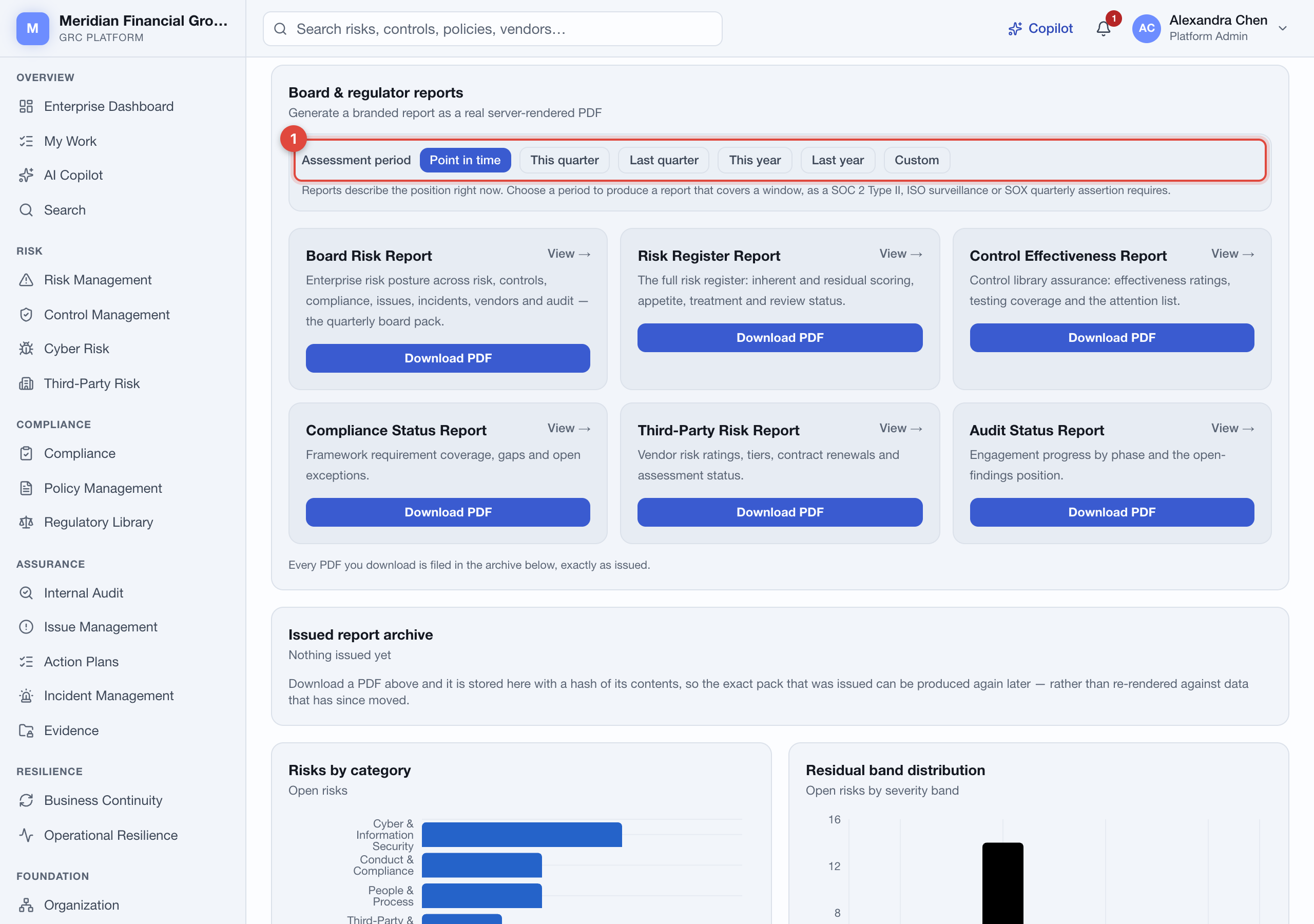 The reports page with an assessment period selector above the report cards, and an archive of issued reports below.
