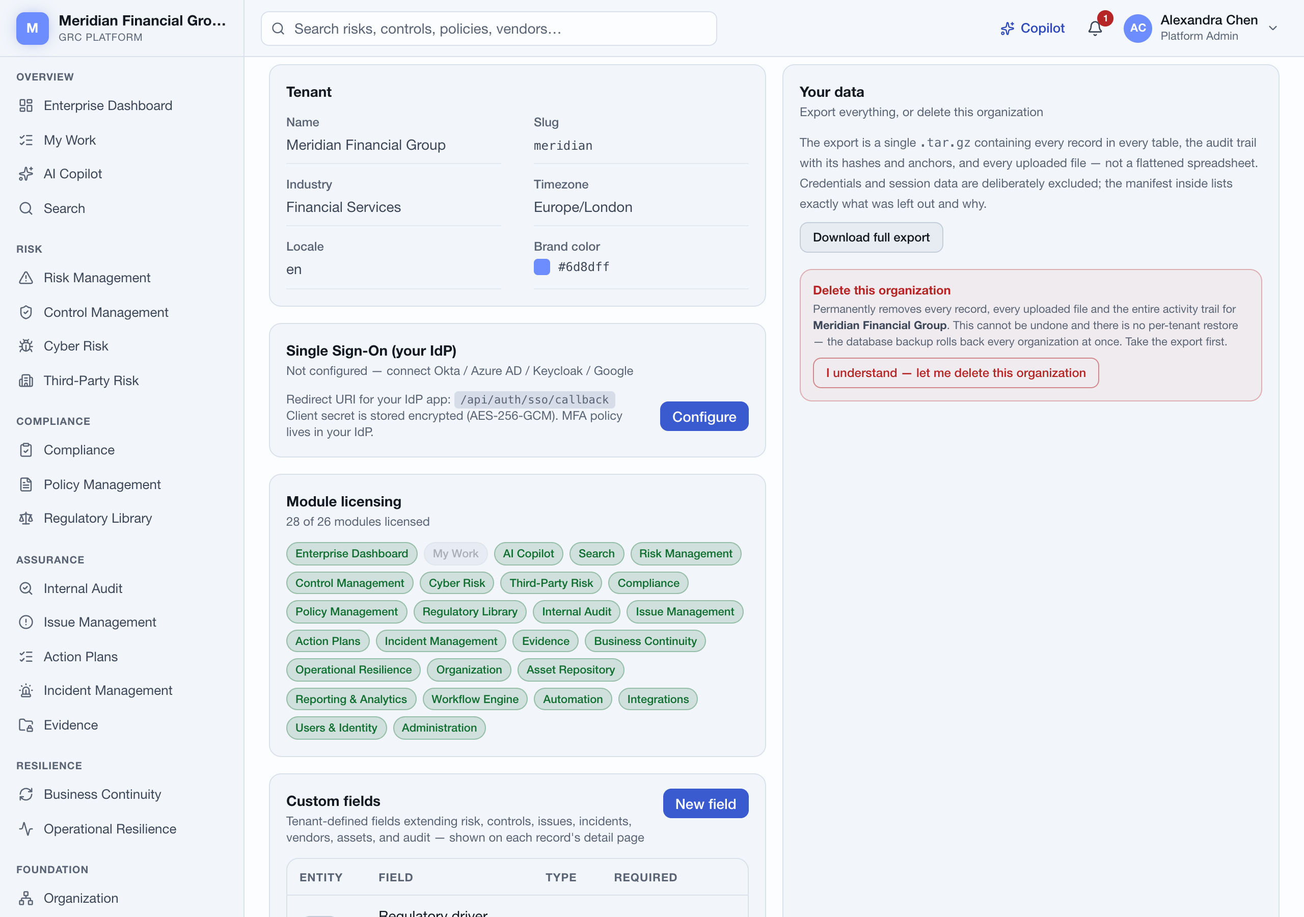 The Your data panel offering a full export and permanent deletion of the organisation.
